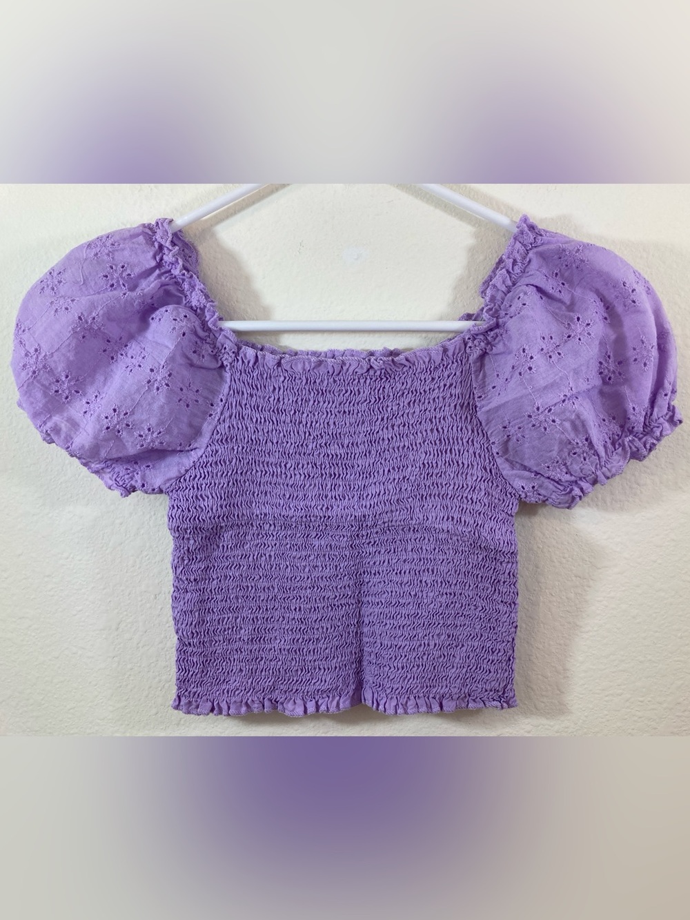 Orchid Purple Eyelet Smocked Crop Top M Puff Sleeve